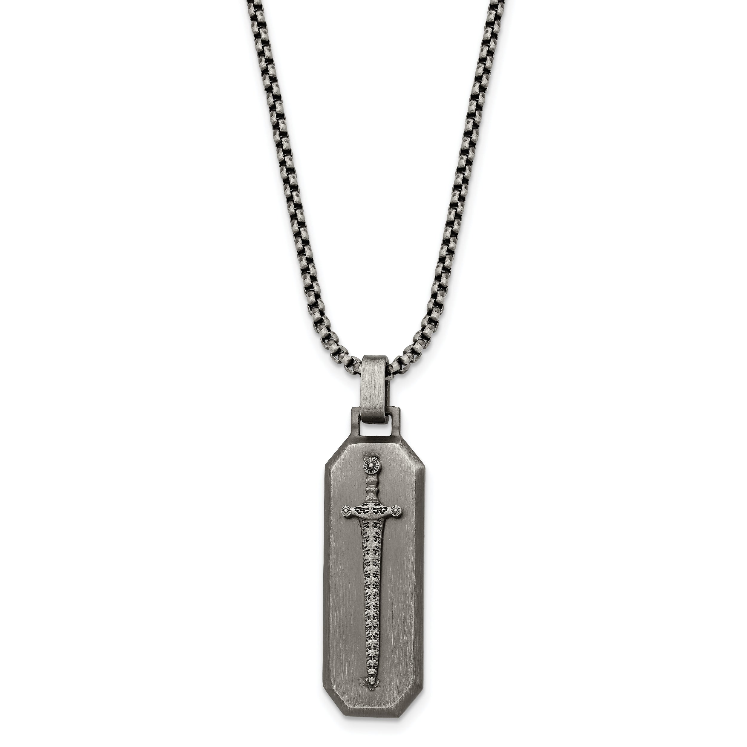 Chisel Stainless Steel Brushed Sword Pendant on a 24 inch Box Chain Necklace