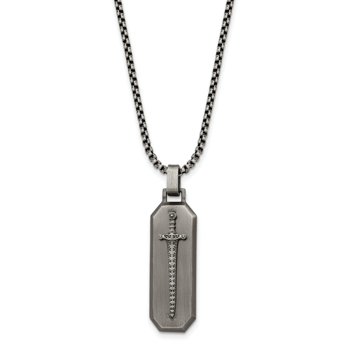 Chisel Stainless Steel Brushed Sword Pendant on a 24 inch Box Chain Necklace