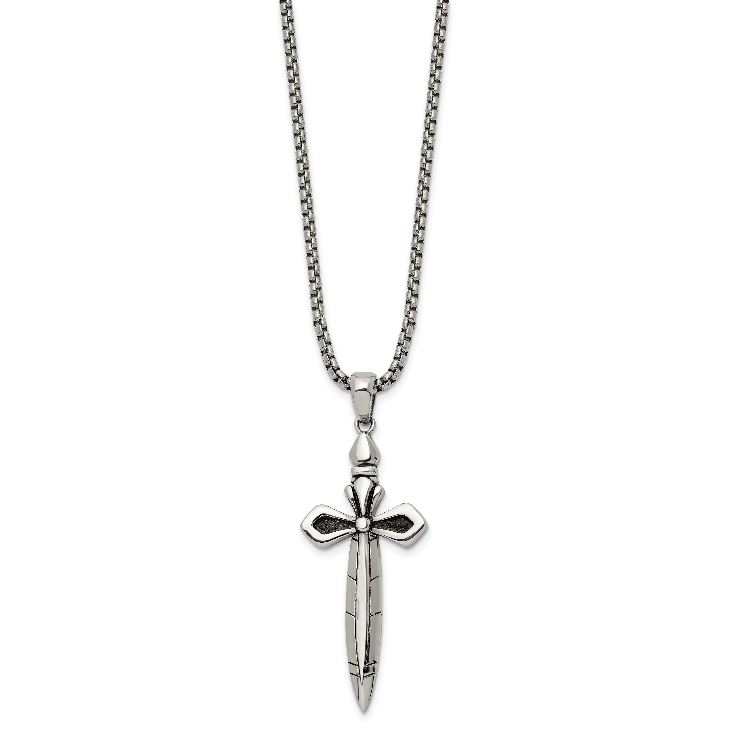 Chisel Stainless Steel Antiqued and Polished Cross/Sword Pendant on a 24 inch Box Chain Necklace