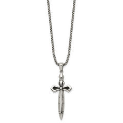 Chisel Stainless Steel Antiqued and Polished Cross/Sword Pendant on a 24 inch Box Chain Necklace