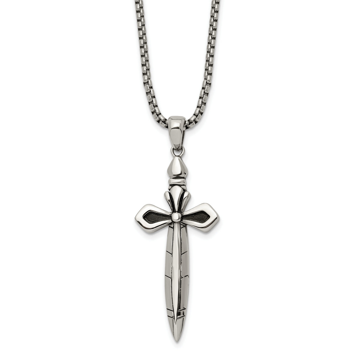 Chisel Stainless Steel Antiqued and Polished Cross/Sword Pendant on a 24 inch Box Chain Necklace