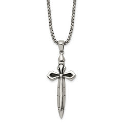 Chisel Stainless Steel Antiqued and Polished Cross/Sword Pendant on a 24 inch Box Chain Necklace