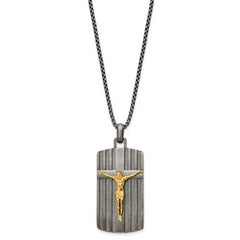 Chisel Stainless Steel Brushed Yellow IP-plated Crucifix Dog Tag on a 24 inch BoxChain Necklace