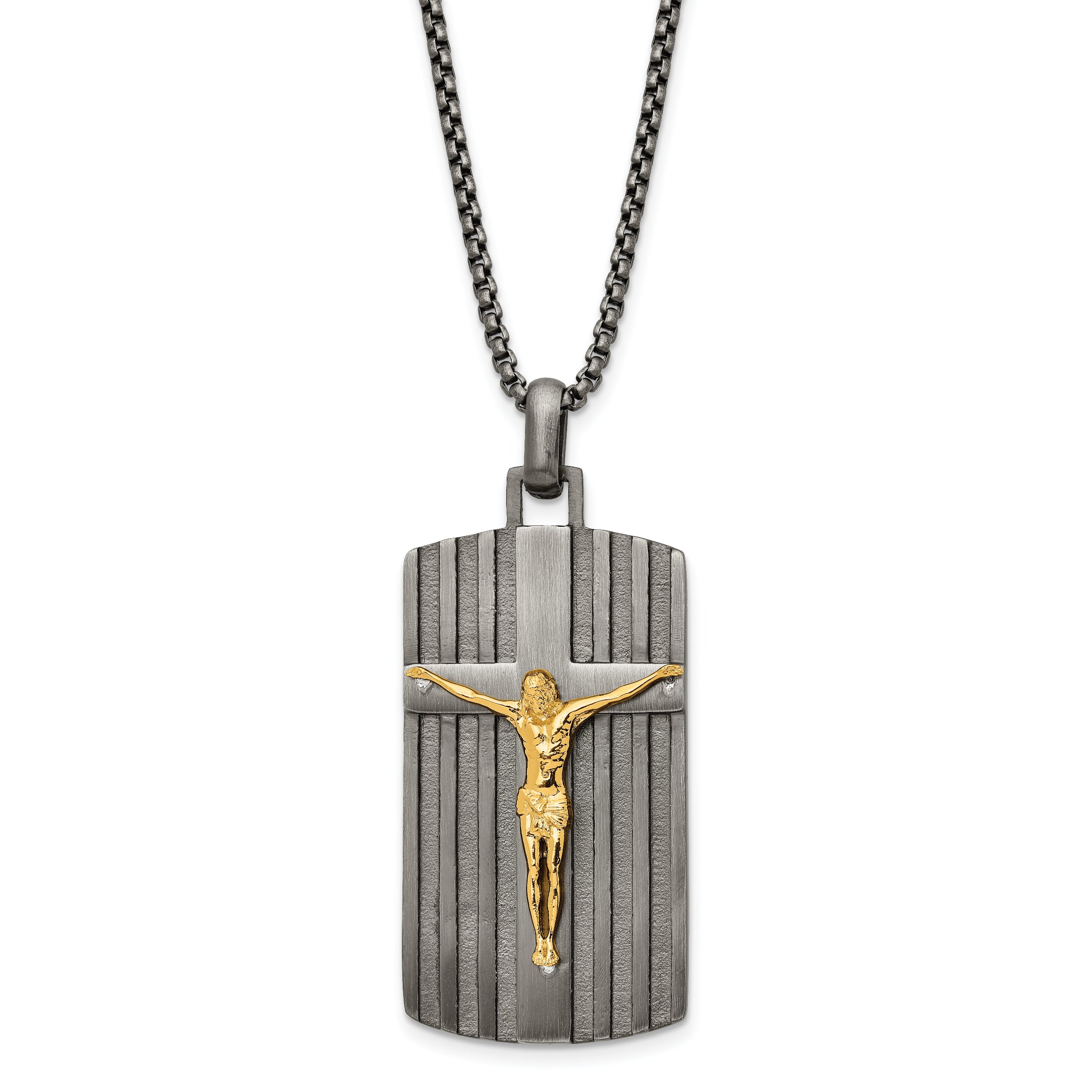 Chisel Stainless Steel Brushed Yellow IP-plated Crucifix Dog Tag on a 24 inch BoxChain Necklace