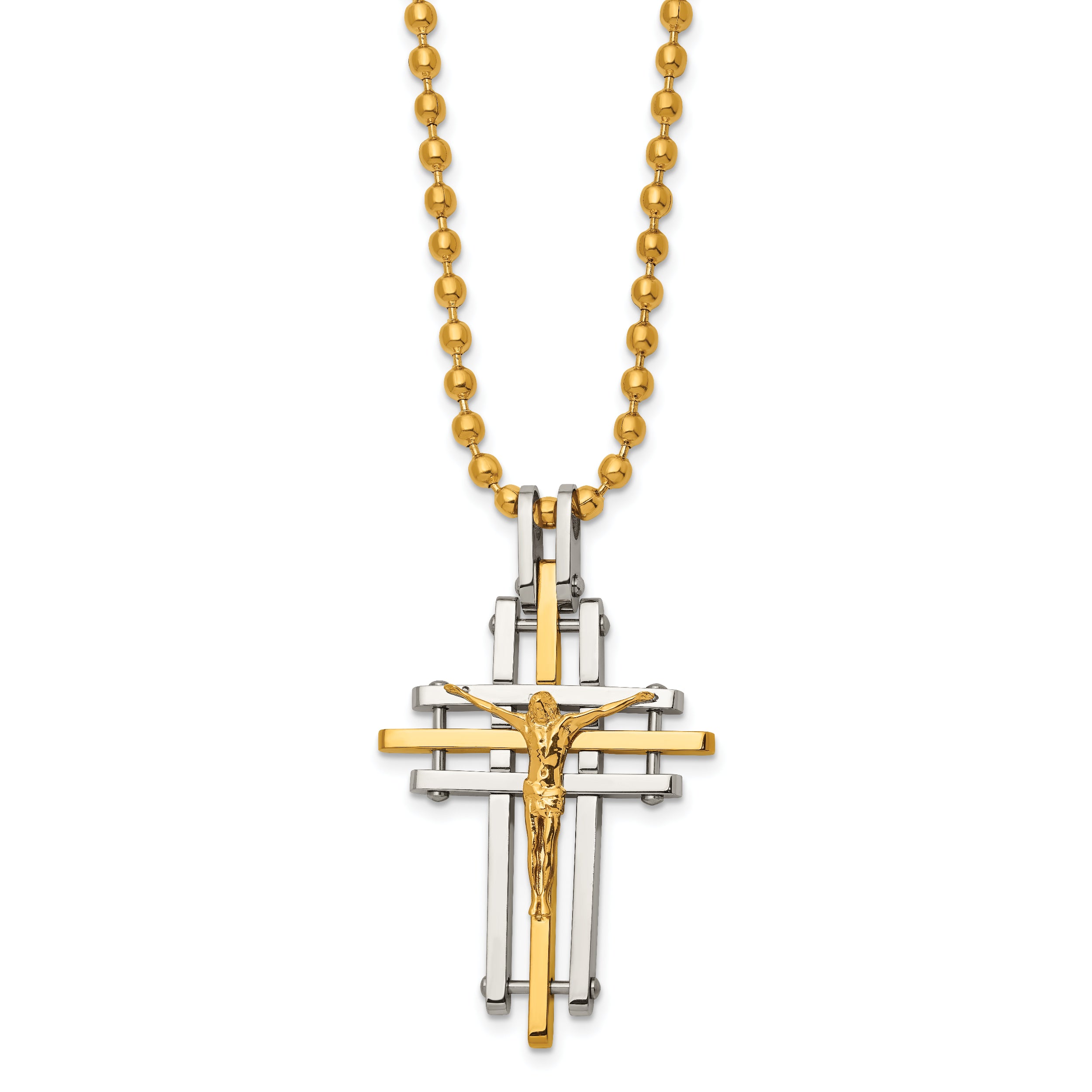 Chisel Stainless Steel Polished Yellow IP-plated Crucifix Pendant on a 24 inch Ball Chain Necklace