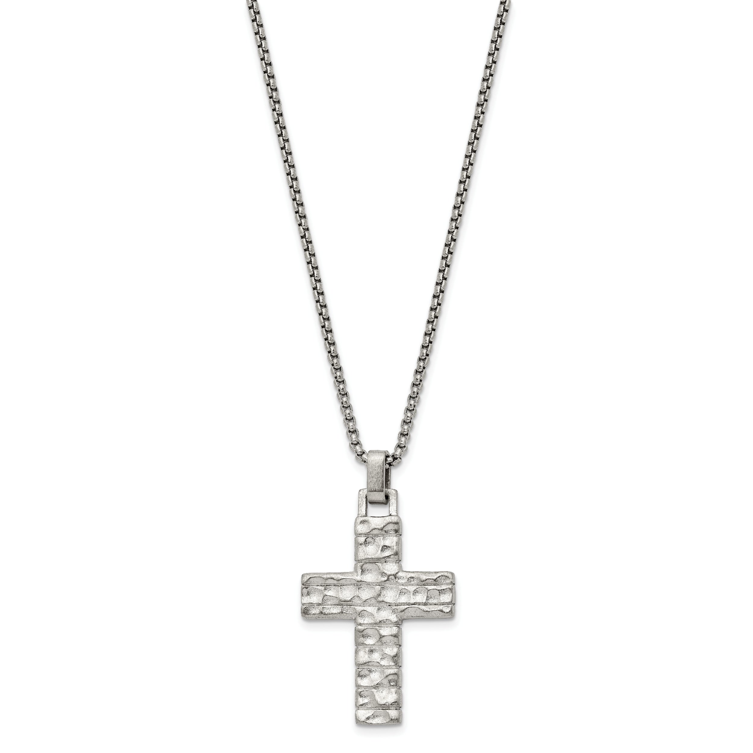 Chisel Stainless Steel Brushed Polished and Textured Cross Pendant on a 24 inch Box Chain Necklace