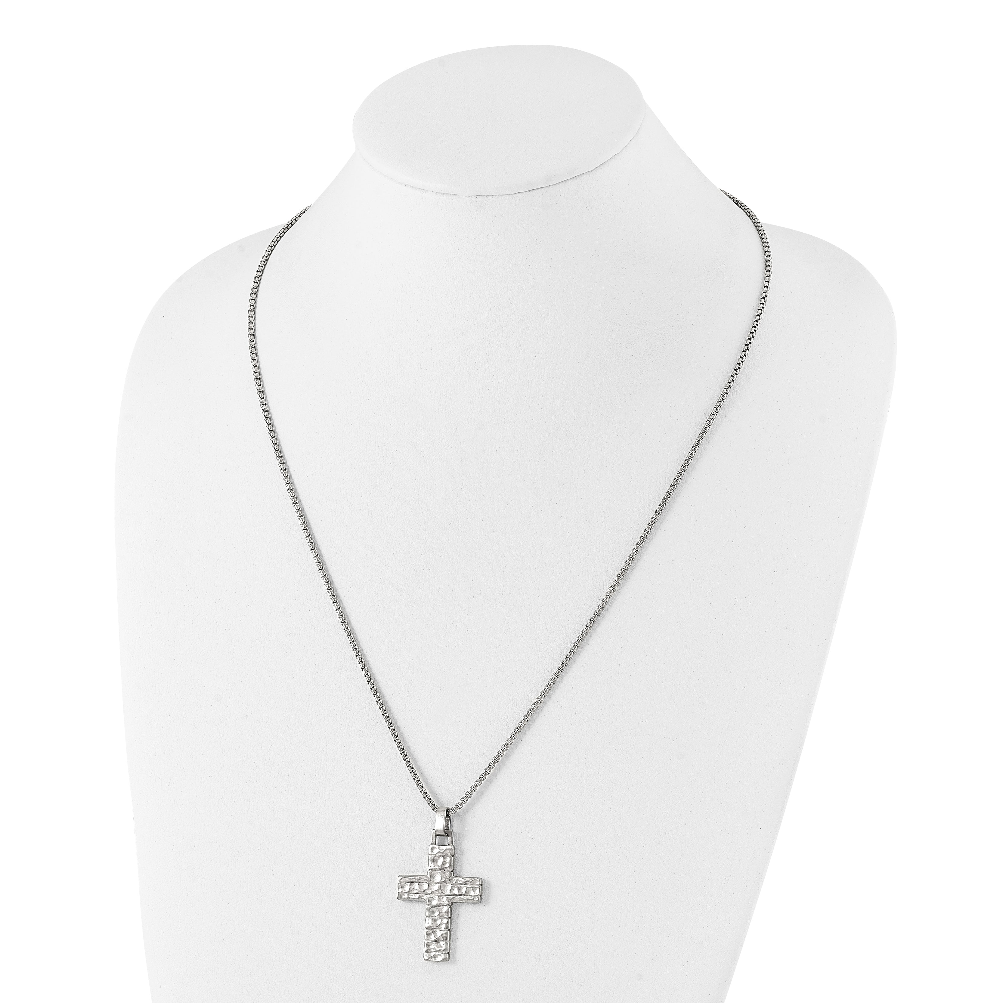 Chisel Stainless Steel Brushed Polished and Textured Cross Pendant on a 24 inch Box Chain Necklace