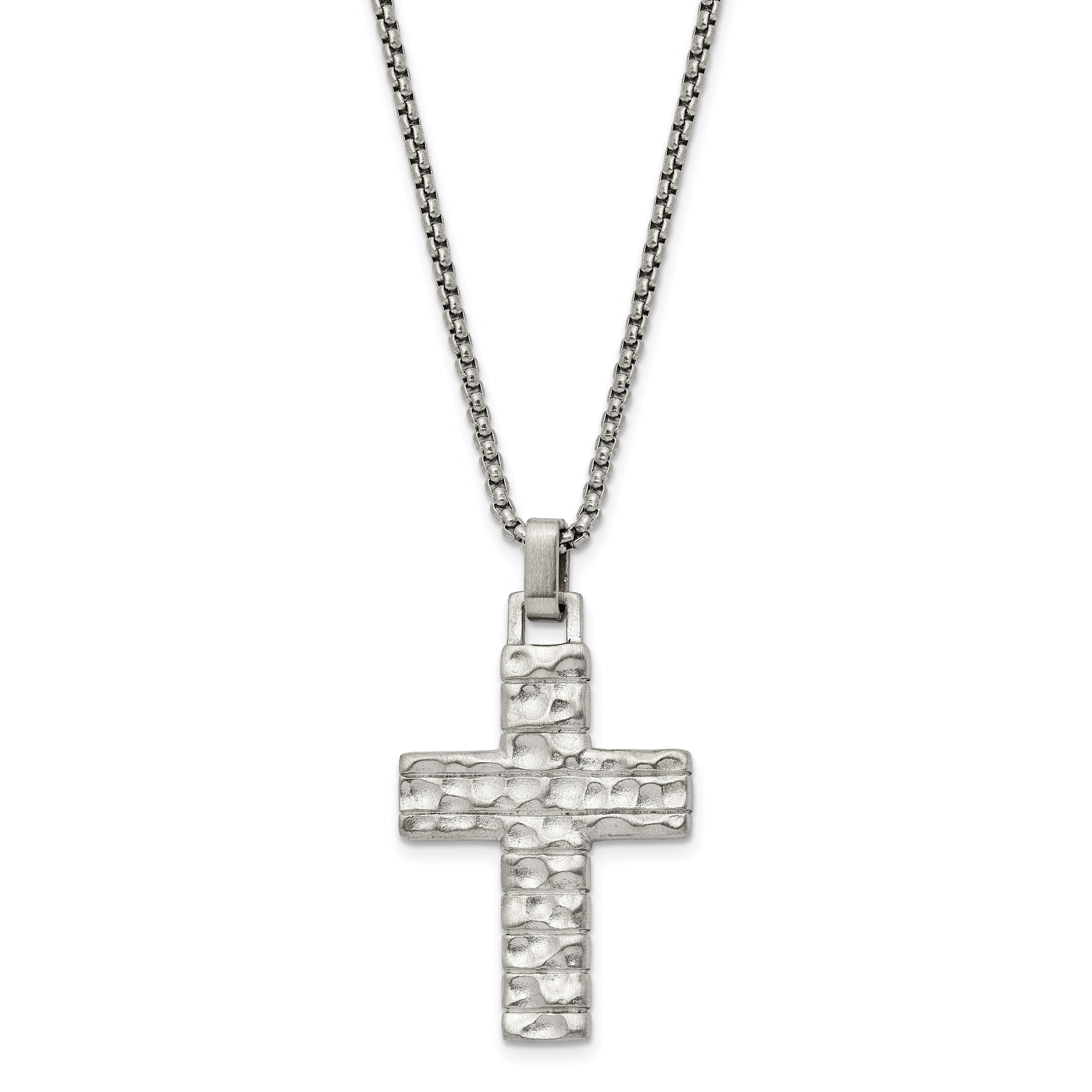 Chisel Stainless Steel Brushed Polished and Textured Cross Pendant on a 24 inch Box Chain Necklace