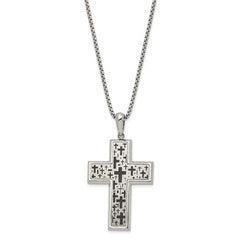 Chisel Stainless Steel Brushed Polished and Laser cut Black IP-plated Cross Pendant on a 24 inch Box Chain Necklace