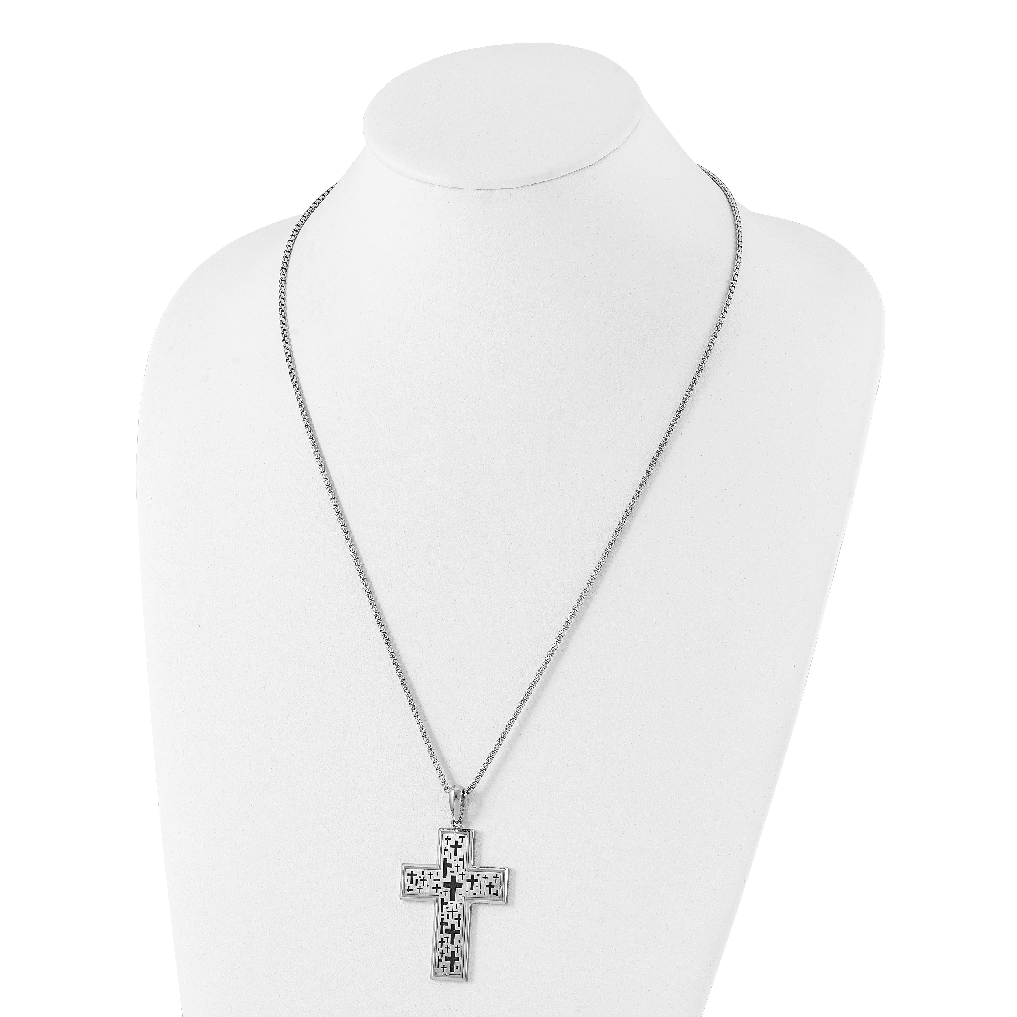 Chisel Stainless Steel Brushed Polished and Laser cut Black IP-plated Cross Pendant on a 24 inch Box Chain Necklace