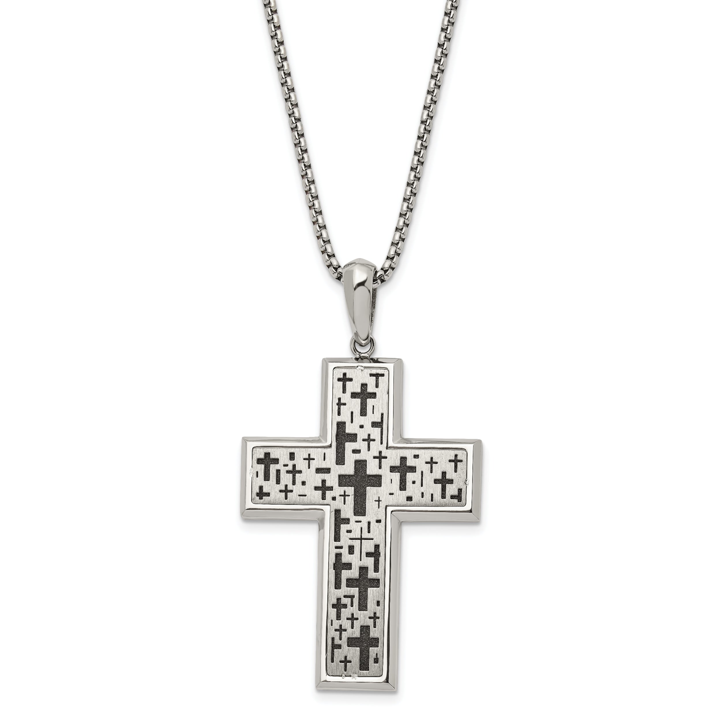 Chisel Stainless Steel Brushed Polished and Laser cut Black IP-plated Cross Pendant on a 24 inch Box Chain Necklace