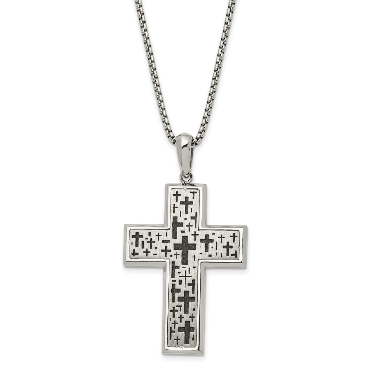 Chisel Stainless Steel Brushed Polished and Laser cut Black IP-plated Cross Pendant on a 24 inch Box Chain Necklace