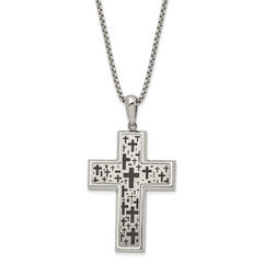 Chisel Stainless Steel Brushed Polished and Laser cut Black IP-plated Cross Pendant on a 24 inch Box Chain Necklace