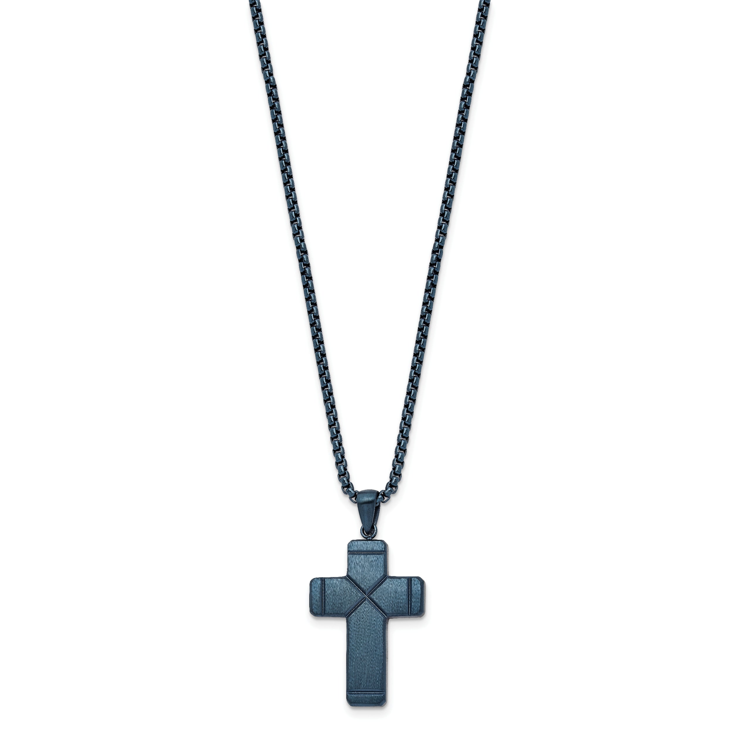 Chisel Stainless Steel Brushed and Polished Blue IP-plated Cross Pendant on a 19.75 inch Box Chain Necklace