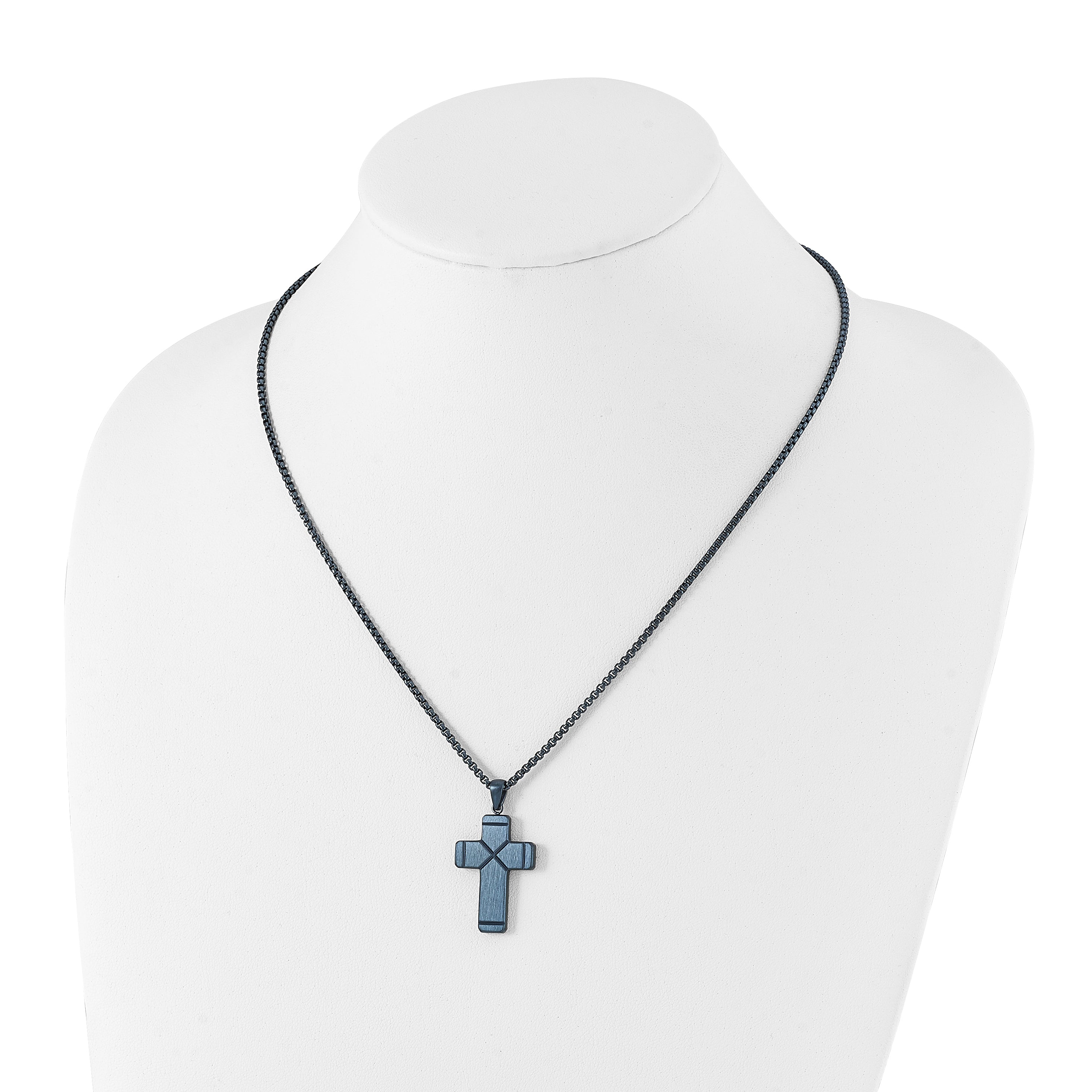 Chisel Stainless Steel Brushed and Polished Blue IP-plated Cross Pendant on a 19.75 inch Box Chain Necklace