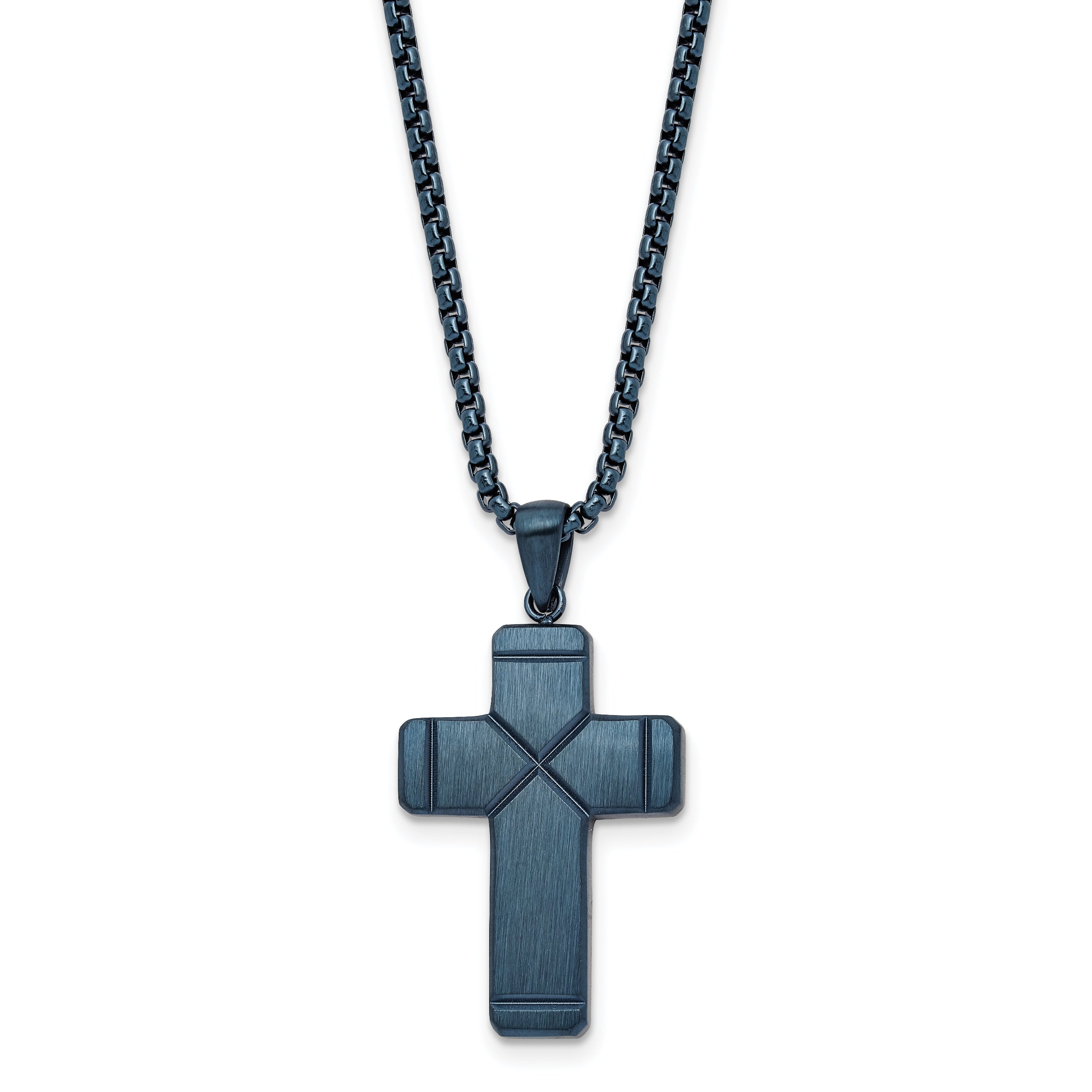 Chisel Stainless Steel Brushed and Polished Blue IP-plated Cross Pendant on a 19.75 inch Box Chain Necklace