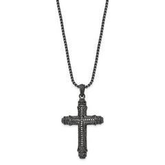 Chisel Stainless Steel Brushed and Polished Gun Metal IP-plated with CZ Cross Pendant on a 24 inch Box Chain Necklace