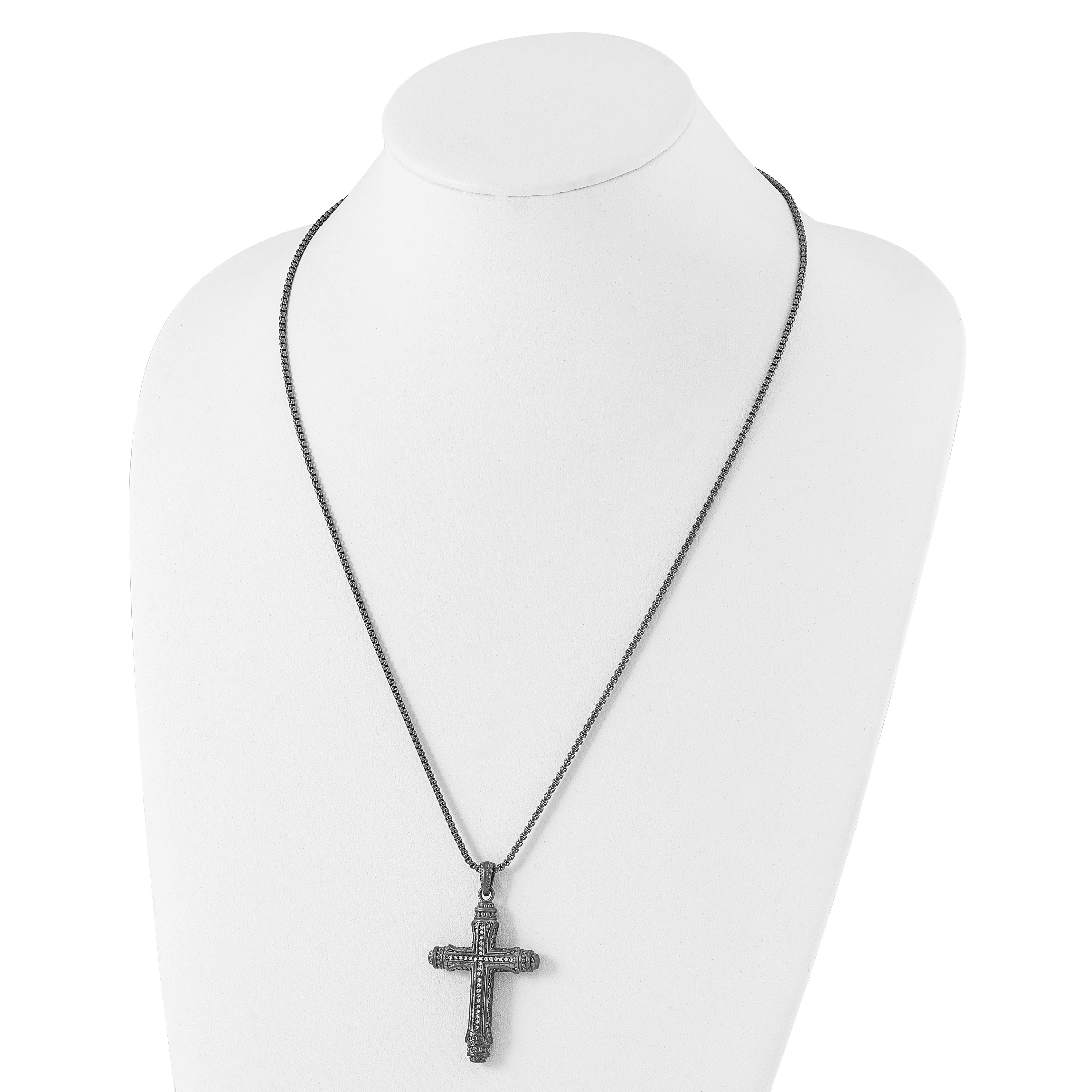 Chisel Stainless Steel Brushed and Polished Gun Metal IP-plated with CZ Cross Pendant on a 24 inch Box Chain Necklace