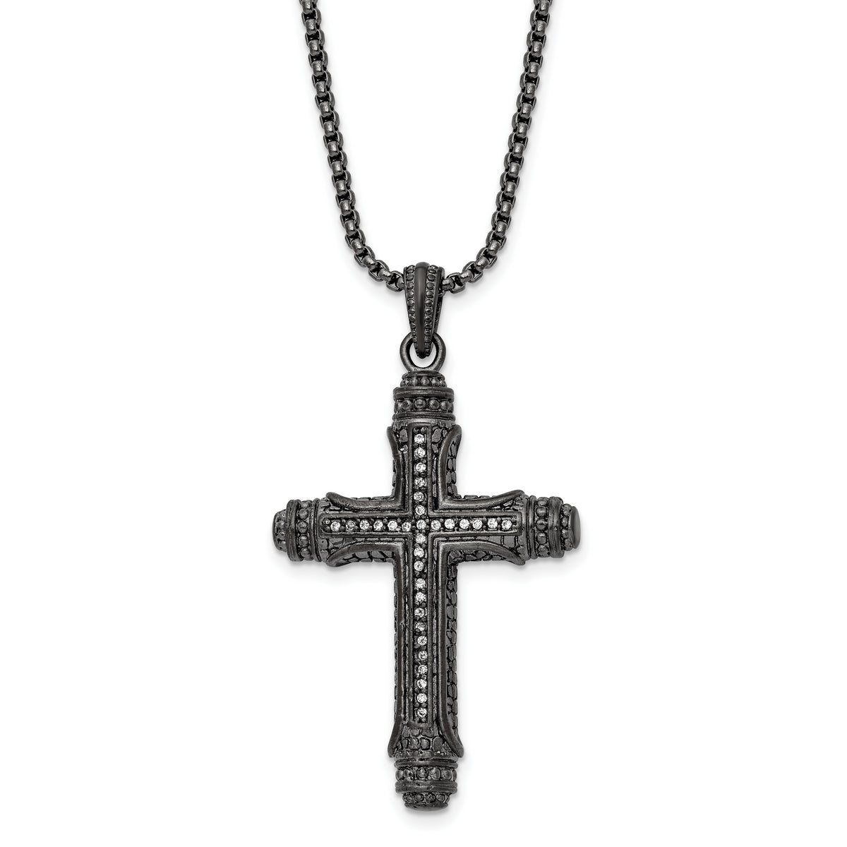 Chisel Stainless Steel Brushed and Polished Gun Metal IP-plated with CZ Cross Pendant on a 24 inch Box Chain Necklace