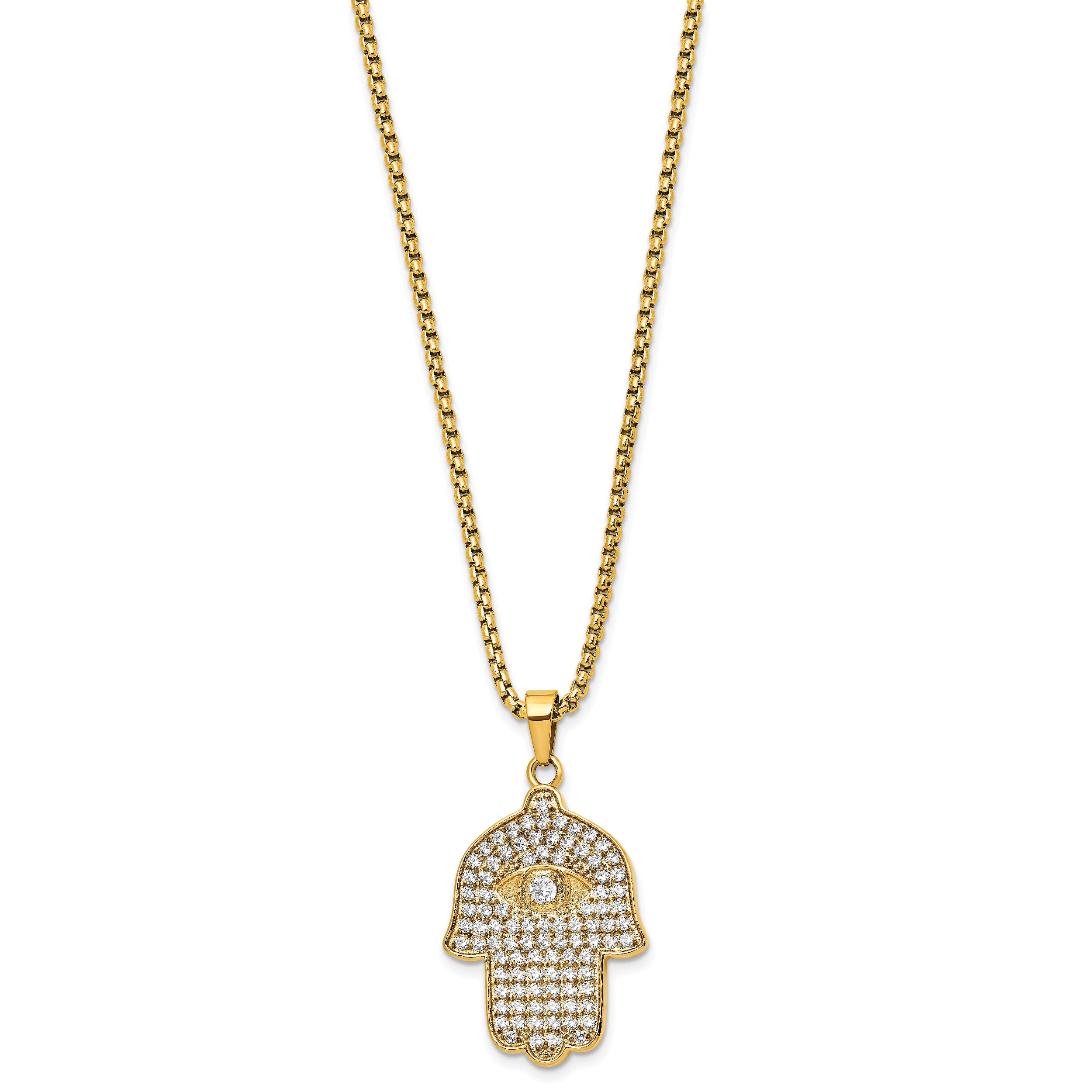 Chisel Stainless Steel Polished Yellow IP-plated with CZ Hamsa Pendant on a 24 inch Box Chain Necklace