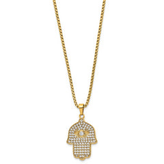 Chisel Stainless Steel Polished Yellow IP-plated with CZ Hamsa Pendant on a 24 inch Box Chain Necklace