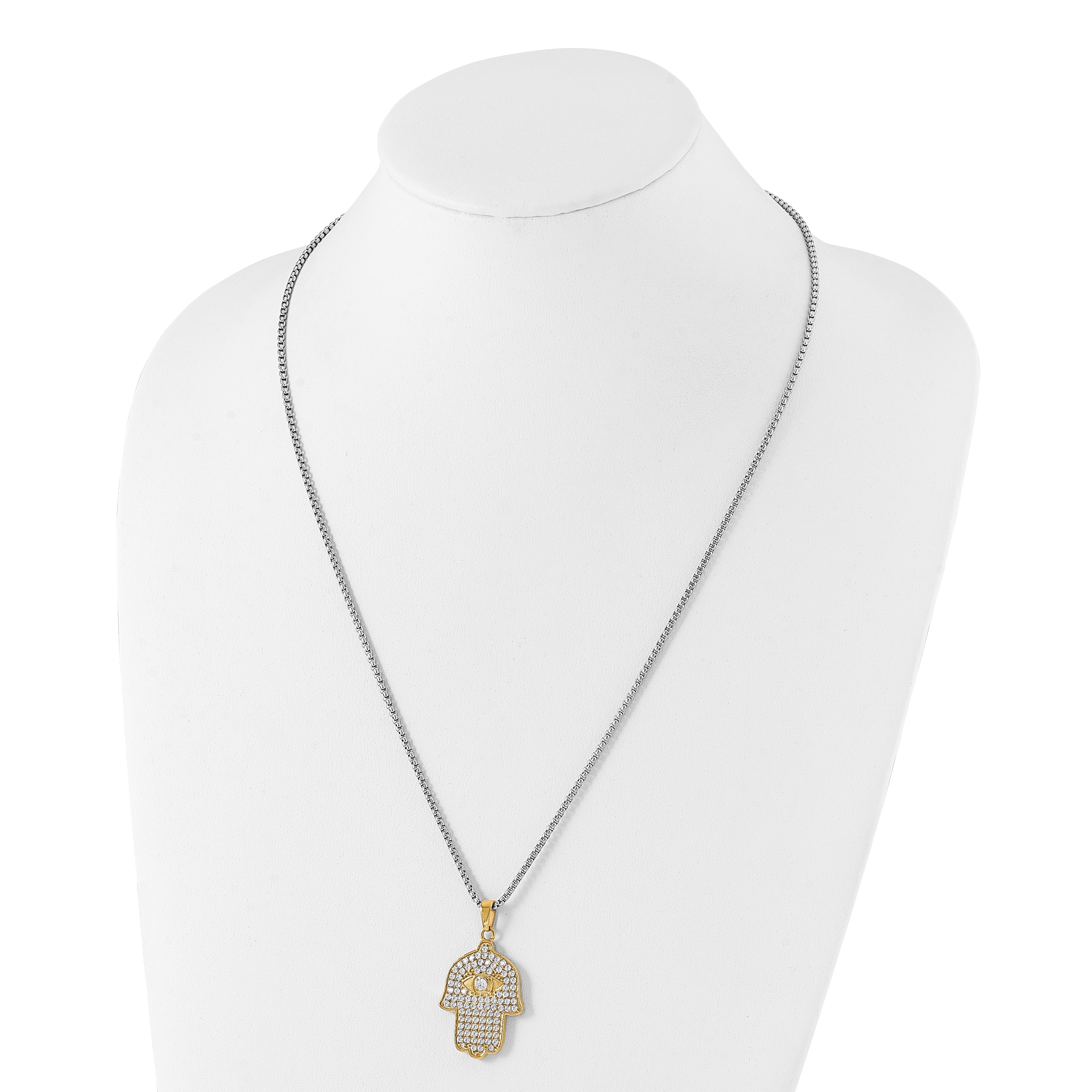 Chisel Stainless Steel Polished Yellow IP-plated with CZ Hamsa Pendant on a 24 inch Box Chain Necklace