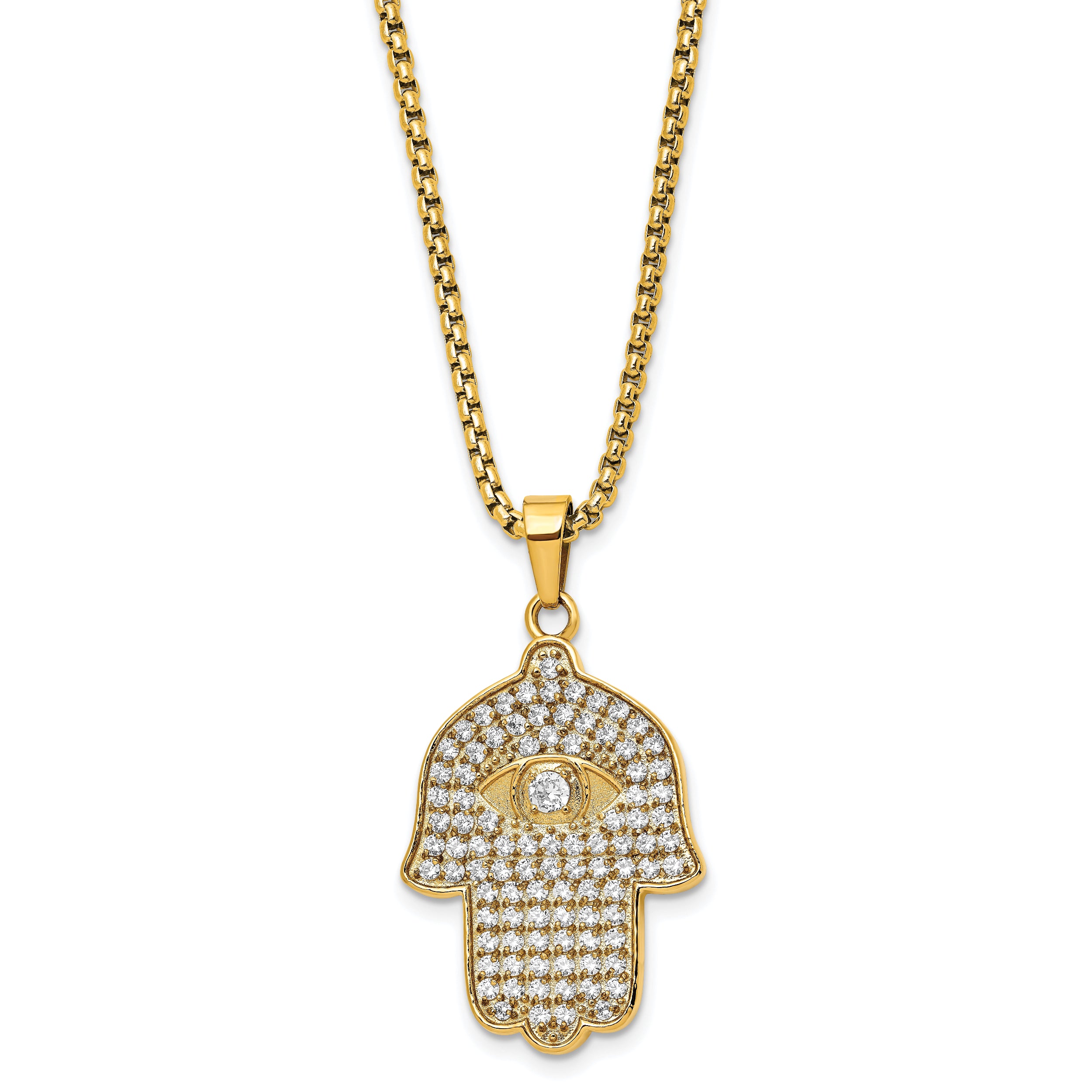 Chisel Stainless Steel Polished Yellow IP-plated with CZ Hamsa Pendant on a 24 inch Box Chain Necklace