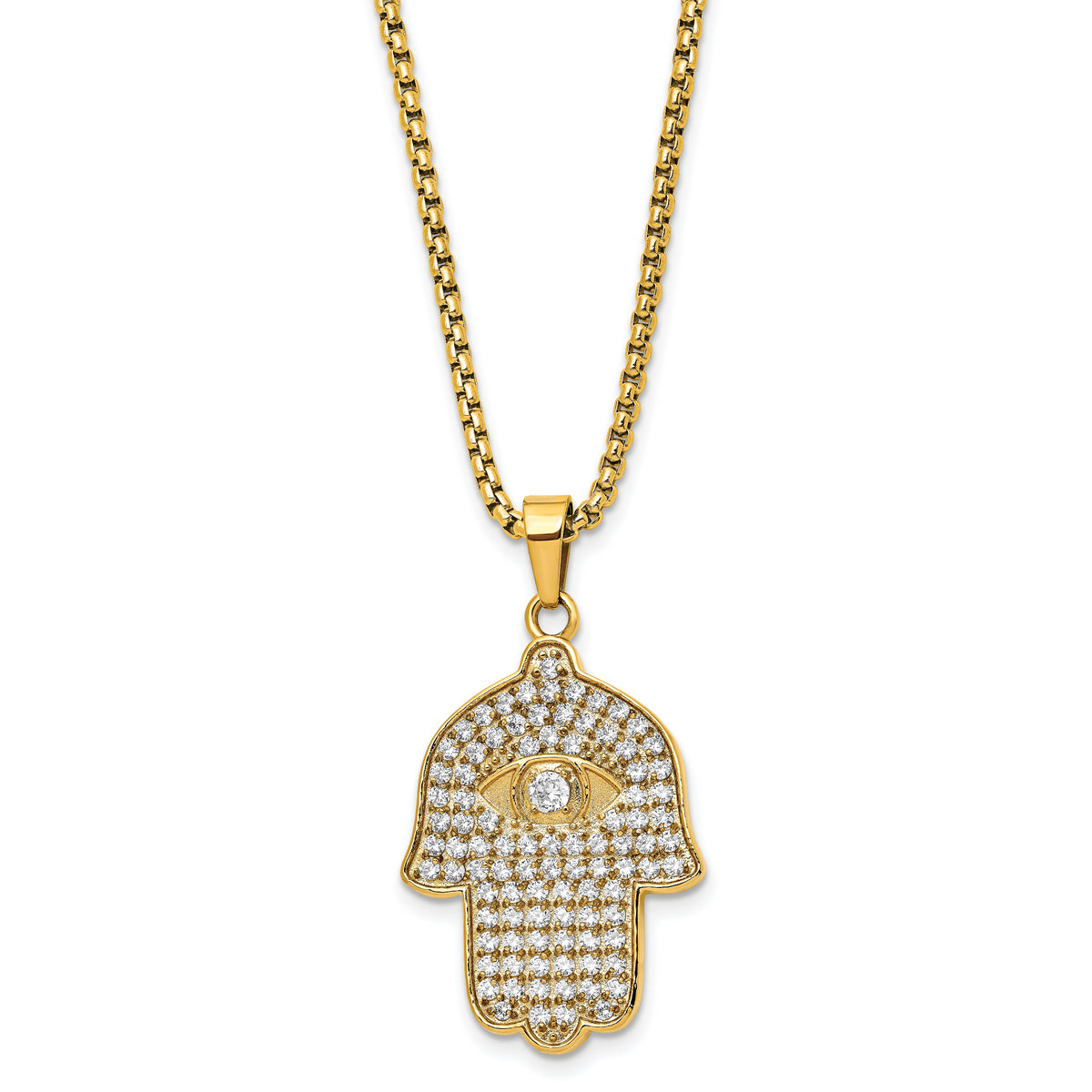 Chisel Stainless Steel Polished Yellow IP-plated with CZ Hamsa Pendant on a 24 inch Box Chain Necklace