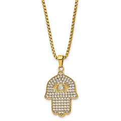 Chisel Stainless Steel Polished Yellow IP-plated with CZ Hamsa Pendant on a 24 inch Box Chain Necklace