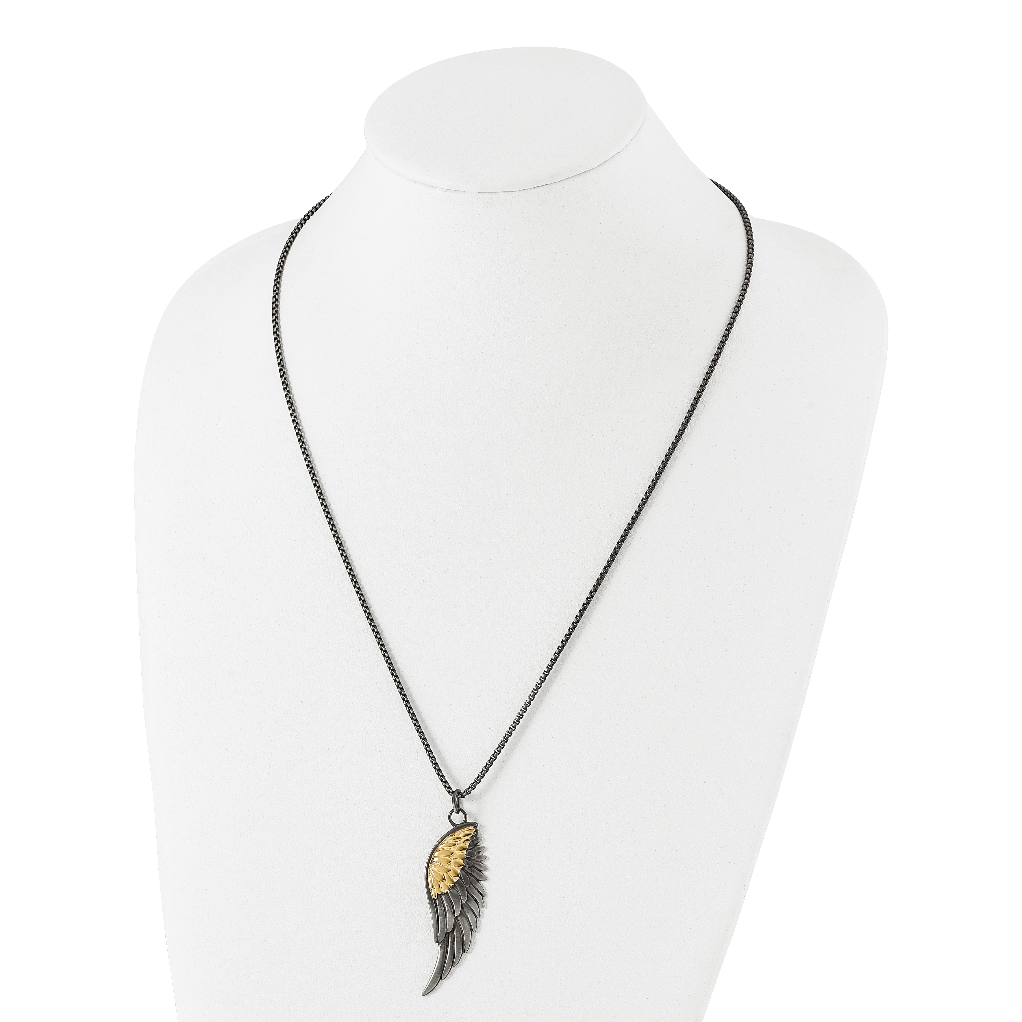 Chisel Stainless Steel Brushed Yellow IP-plated Wing Pendant on a 24 inch Box Chain Necklace