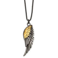 Chisel Stainless Steel Brushed Yellow IP-plated Wing Pendant on a 24 inch Box Chain Necklace