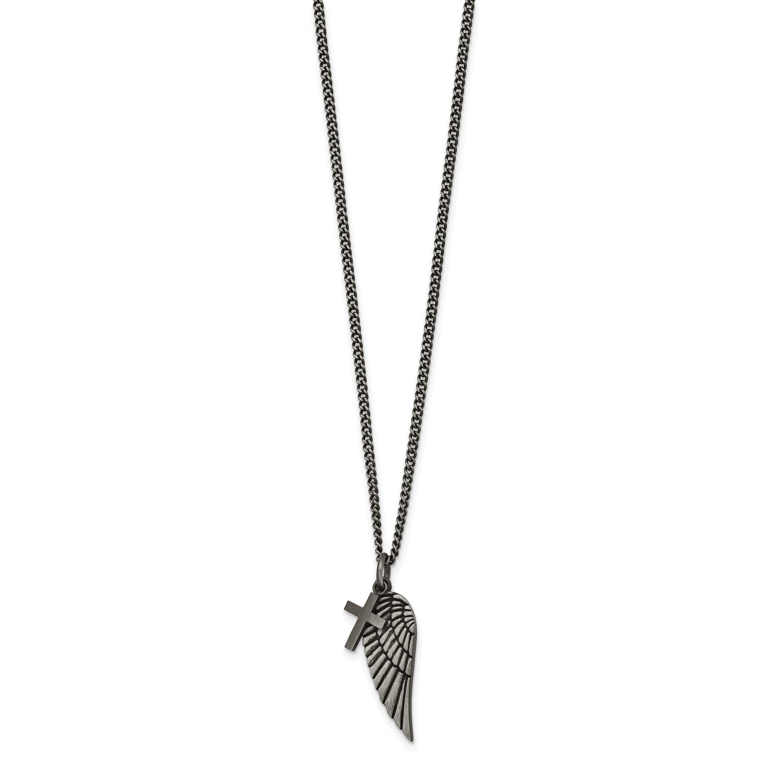 Chisel Stainless Steel Antiqued Wing and Cross Pendant on a 19.75 in Curb Chain with 2 inch Extension Necklace