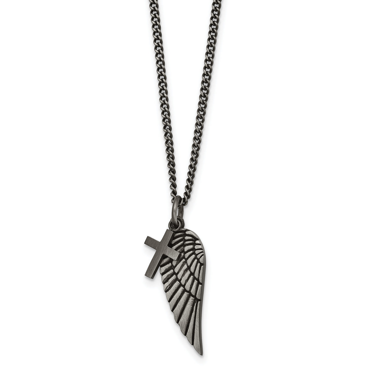 Chisel Stainless Steel Antiqued Wing and Cross Pendant on a 19.75 in Curb Chain with 2 inch Extension Necklace