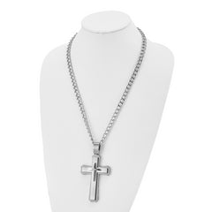 Chisel Stainless Steel Brushed and Polished Large Cross Pendant on a 24 inch Curb Chain Necklace