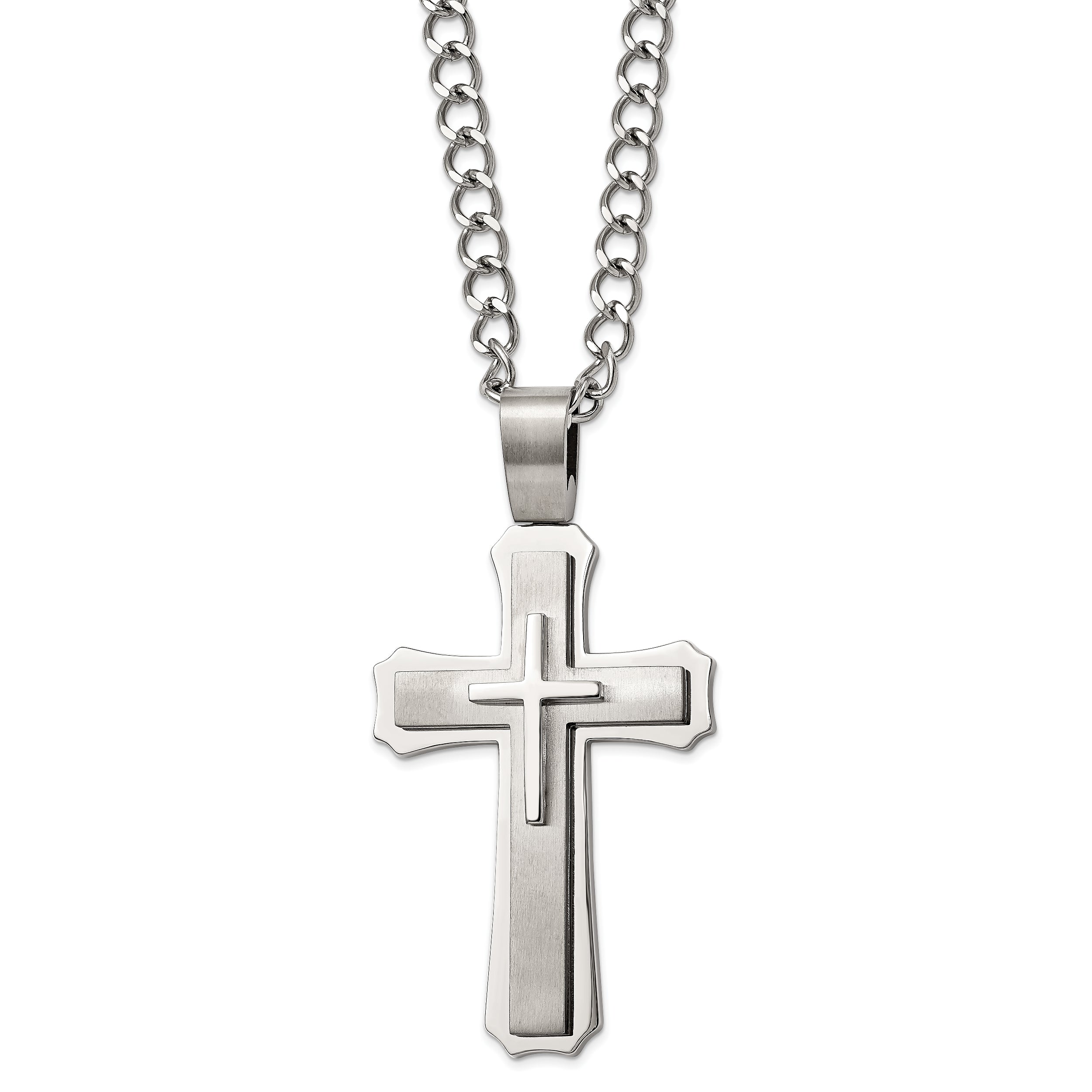 Chisel Stainless Steel Brushed and Polished Large Cross Pendant on a 24 inch Curb Chain Necklace