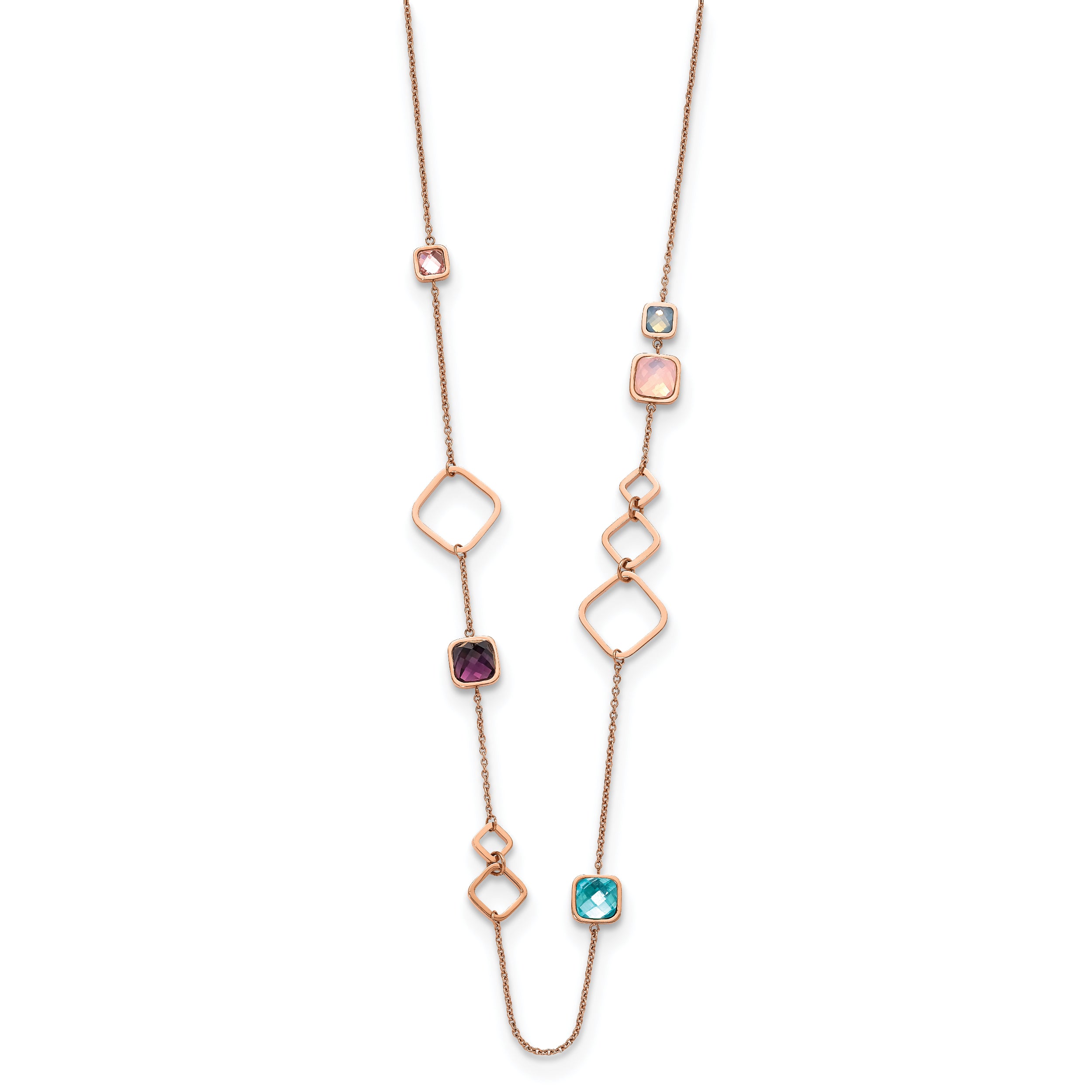 Chisel Stainless Steel Polished Rose IP-plated Multicolor Crystal on a 21.5 inch Cable Chain with 2.75 inch Extension Necklace