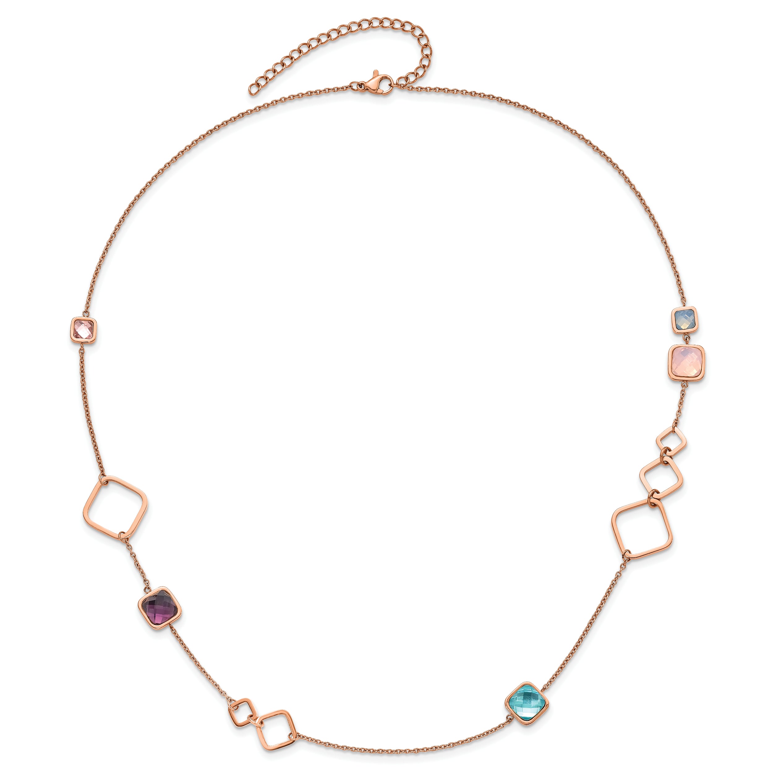 Chisel Stainless Steel Polished Rose IP-plated Multicolor Crystal on a 21.5 inch Cable Chain with 2.75 inch Extension Necklace