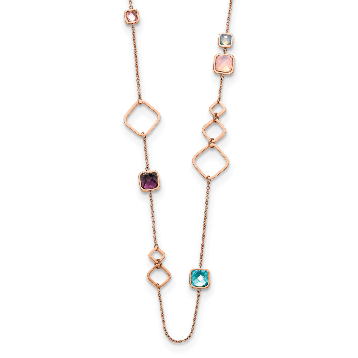 Chisel Stainless Steel Polished Rose IP-plated Multicolor Crystal on a 21.5 inch Cable Chain with 2.75 inch Extension Necklace