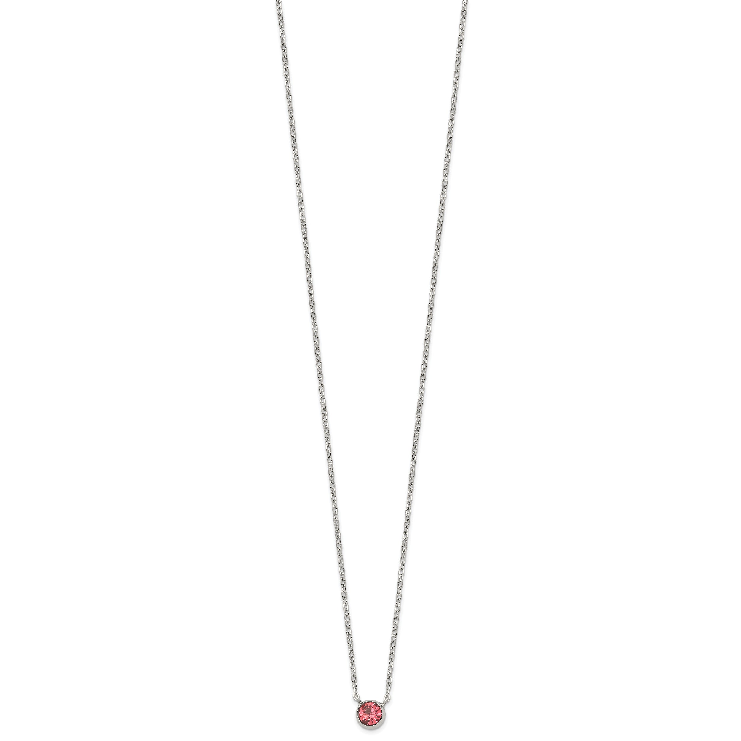 Stainless Steel Polished Pink Glass Crystal 16in w/2in ext. Necklace