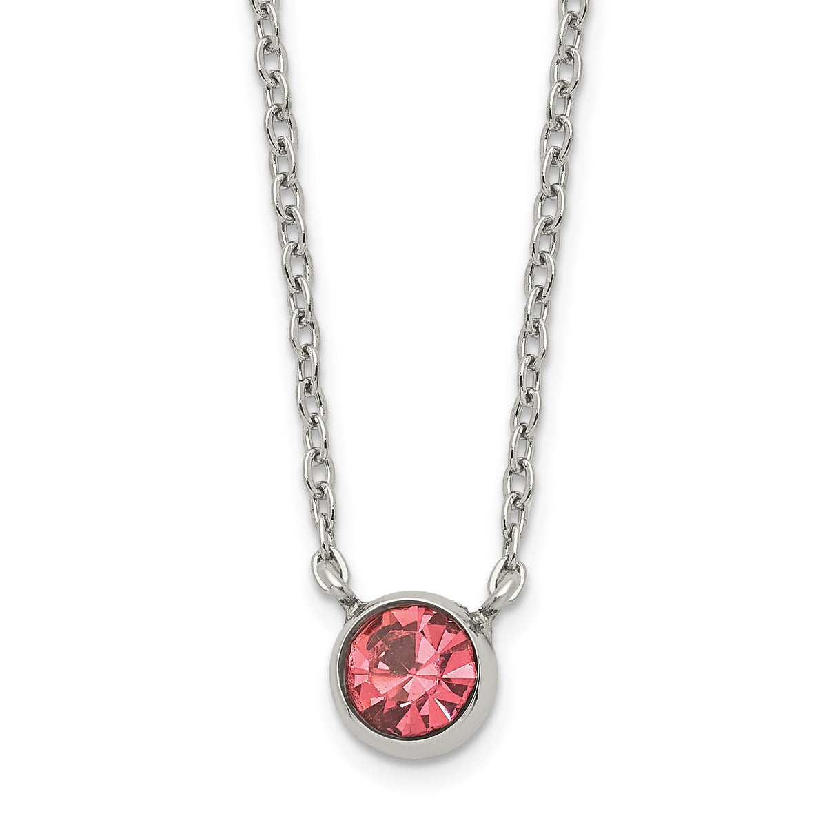 Stainless Steel Polished Pink Glass Crystal 16in w/2in ext. Necklace