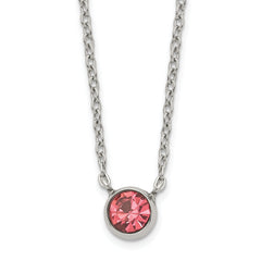 Stainless Steel Polished Pink Glass Crystal 16in w/2in ext. Necklace