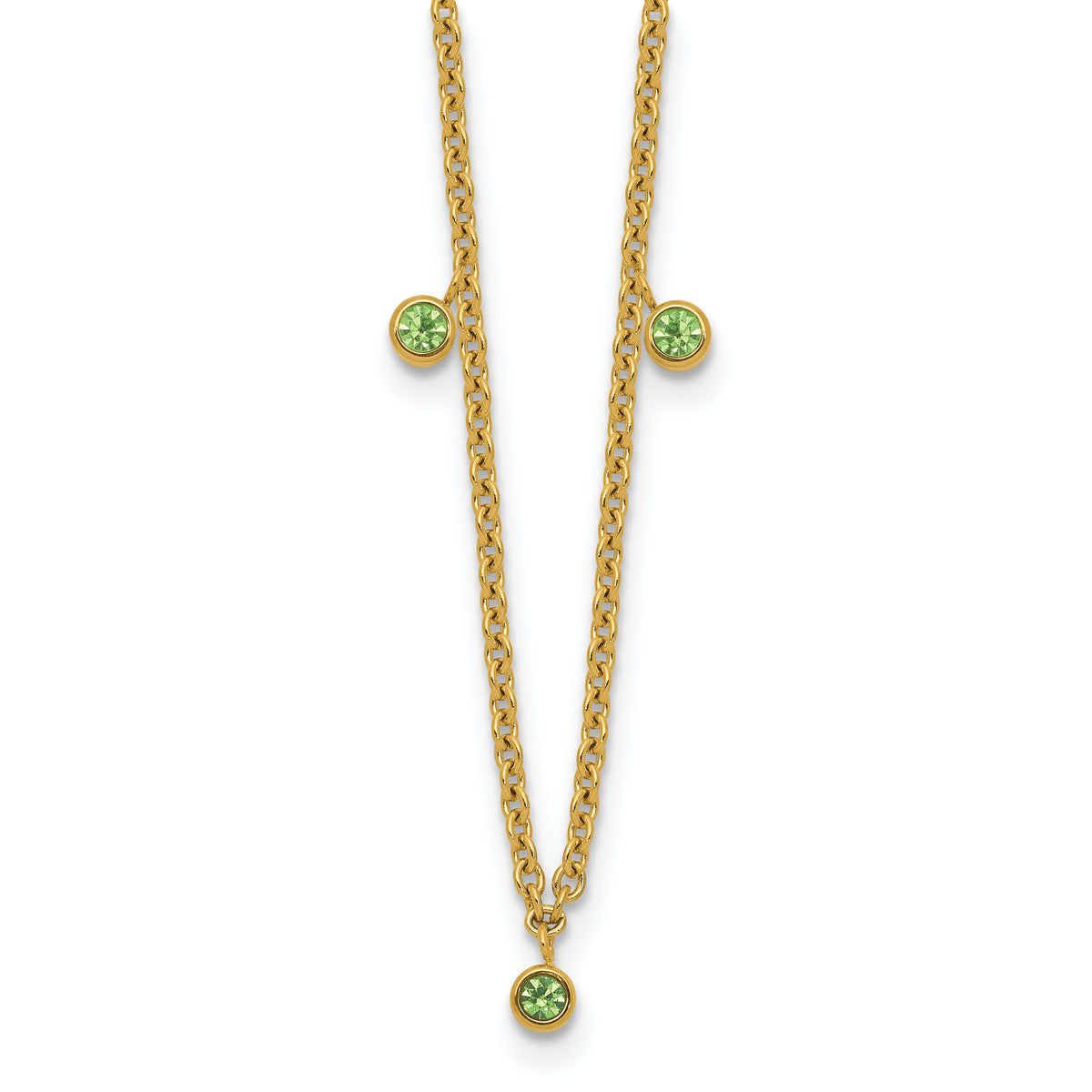 Stainless Steel Polished Yellow IP Green Crystal w/2in ext. Necklace