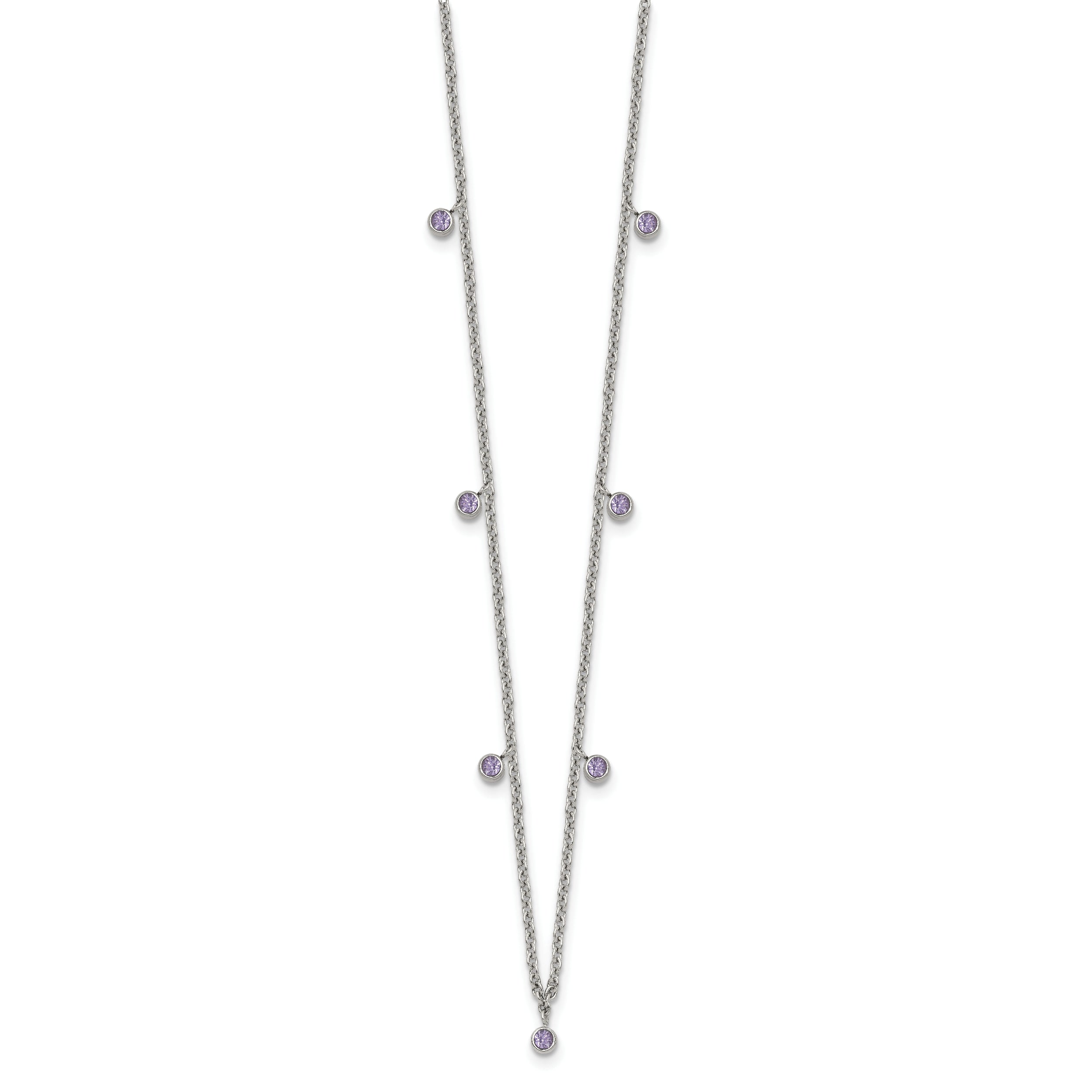 Stainless Steel Polished Purple Crystal 17.5in w/2in ext Necklace