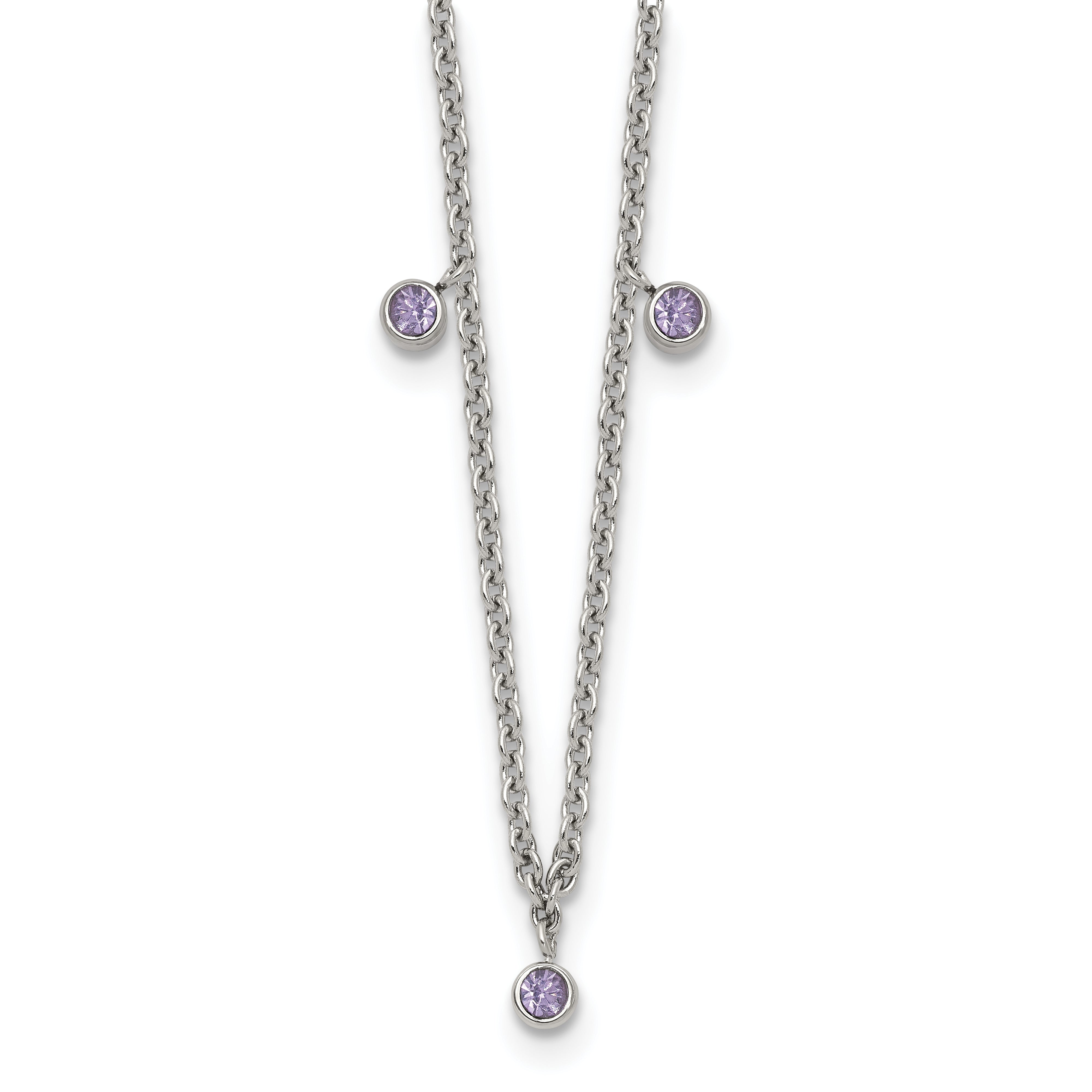 Stainless Steel Polished Purple Crystal 17.5in w/2in ext Necklace