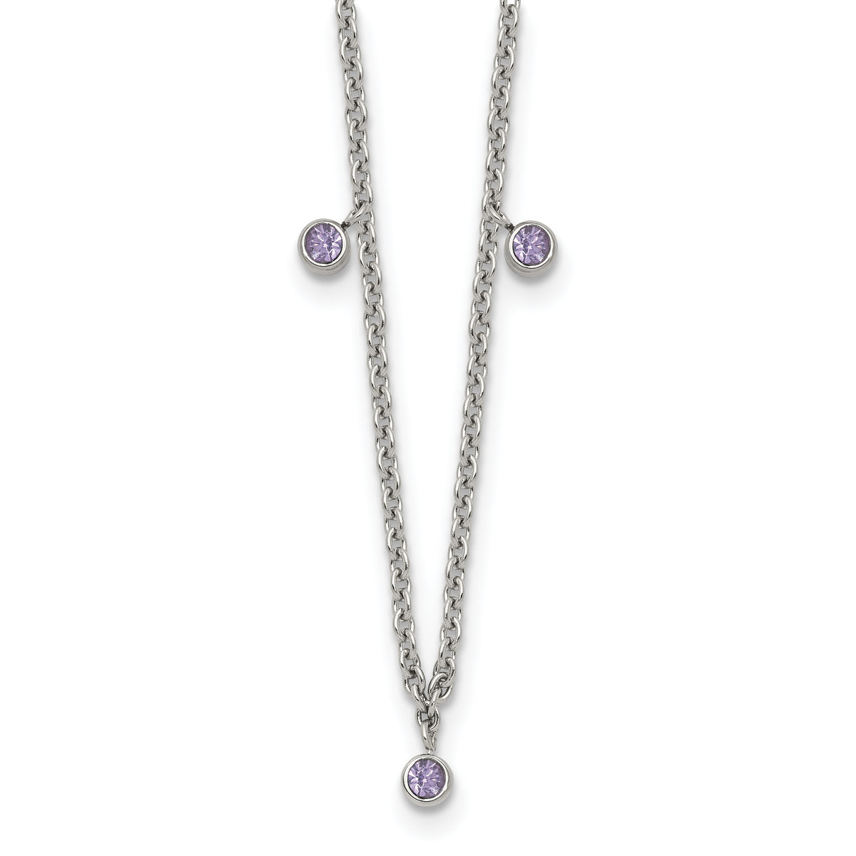 Stainless Steel Polished Purple Crystal 17.5in w/2in ext Necklace