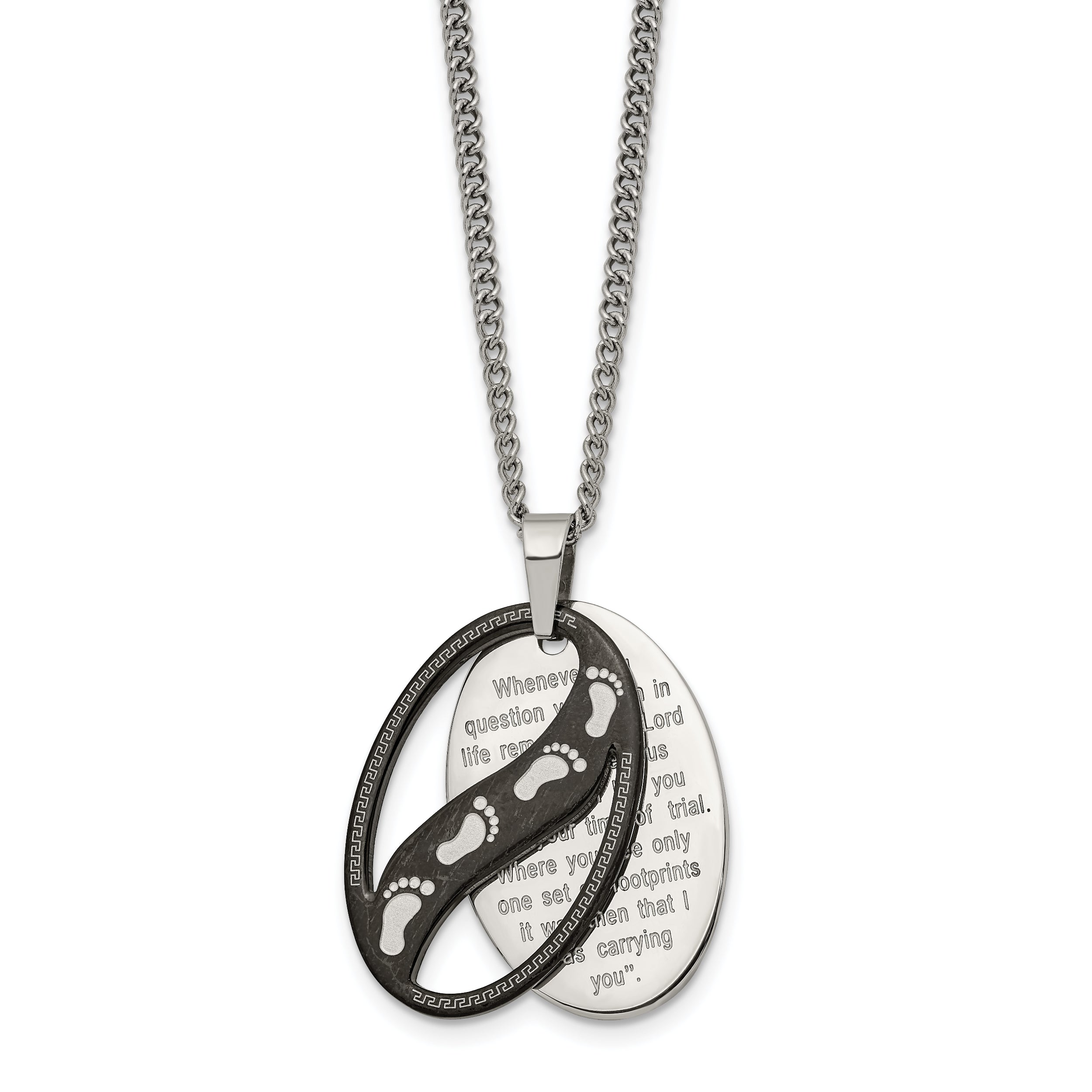 Chisel Stainless Steel Polished Black IP-plated 2 Piece FOOTPRINTS Pendant on a 24 inch Curb Chain Necklace