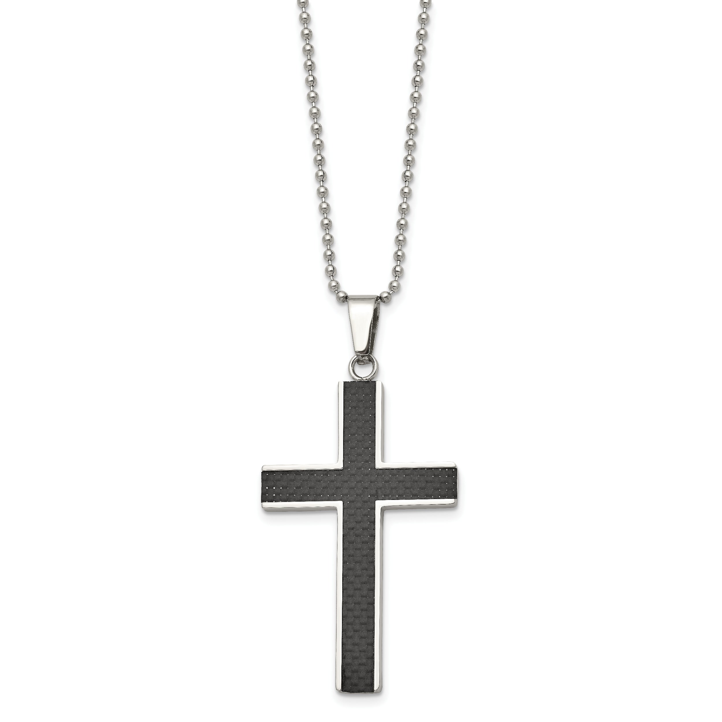 Chisel Stainless Steel Polished with Black Carbon Fiber Inlay Cross Pendant on a 22 inch Ball Chain Necklace