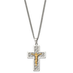 Chisel Stainless Steel Polished Yellow IP-plated Grey Carbon Fiber Inlay Crucifix Pendant on a 24 inch Curb Chain Necklace