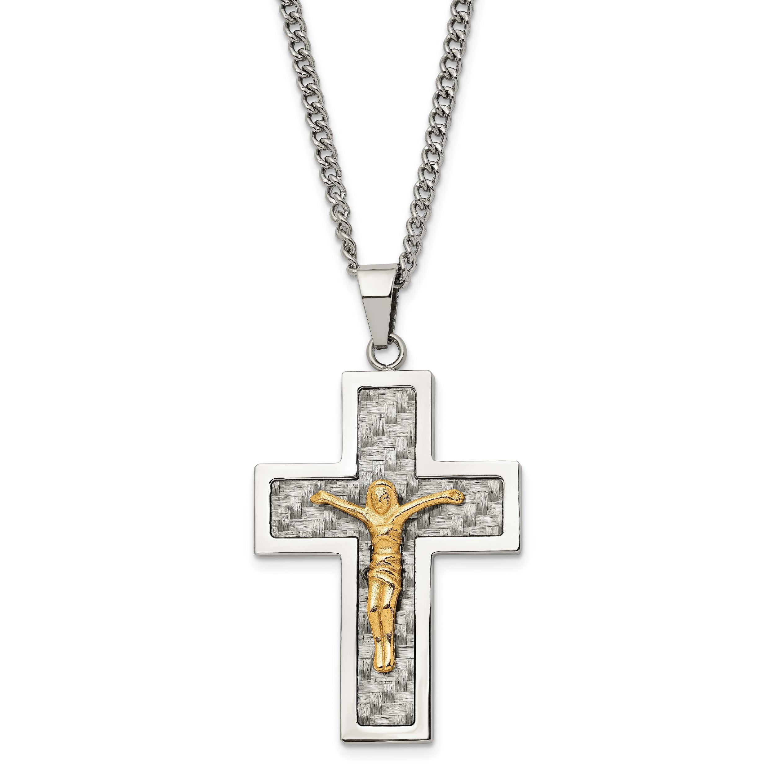 Chisel Stainless Steel Polished Yellow IP-plated Grey Carbon Fiber Inlay Crucifix Pendant on a 24 inch Curb Chain Necklace