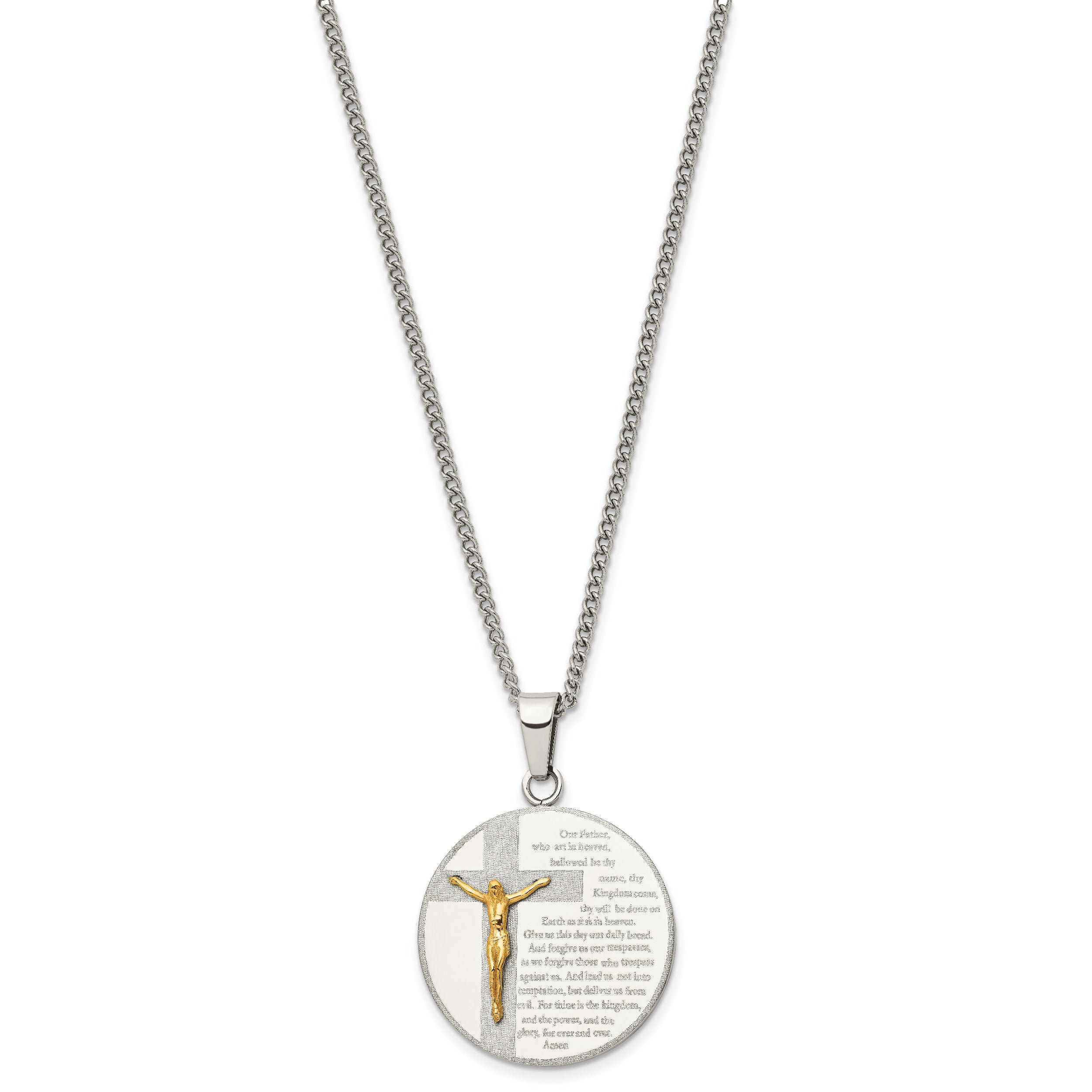 Chisel Stainless Steel Brushed and Polished Yellow IP-plated Lords Prayer Crucifx Pendant on a 24 inch Curb Chain Necklace